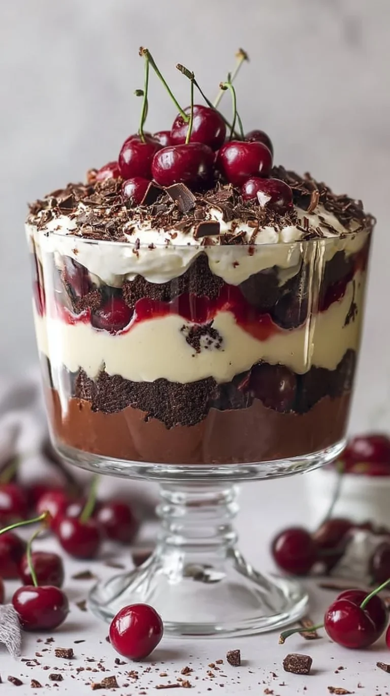 Delicious Black Forest Trifle with layers of chocolate, cherries, and cream.