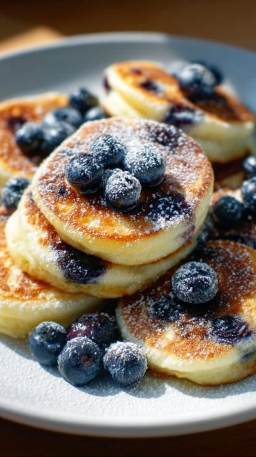 Blueberry Lemon Pancake Bites served on a plate, topped with fresh blueberries.