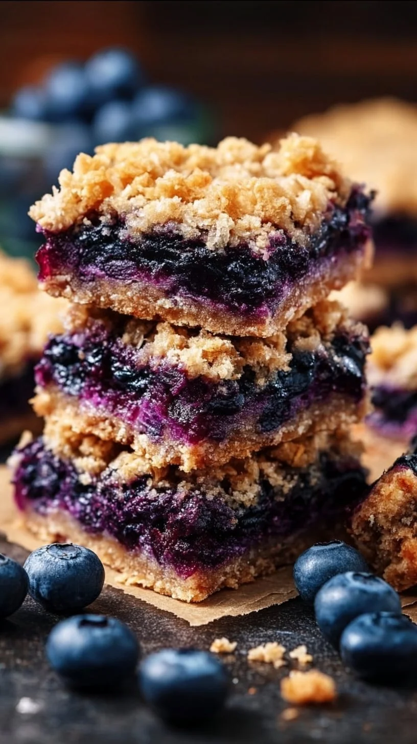 Delicious homemade blueberry oatmeal bars on a wooden table
