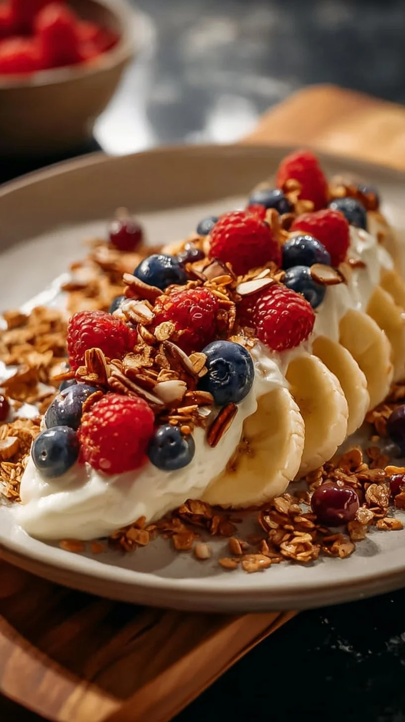Breakfast Banana Split featuring bananas, yogurt, and colorful toppings