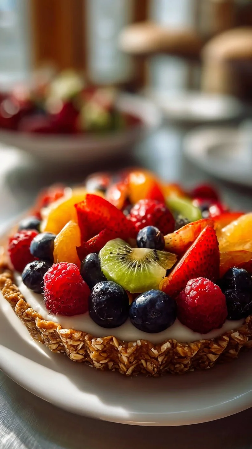 Delicious breakfast fruit tart topped with fresh assorted fruits