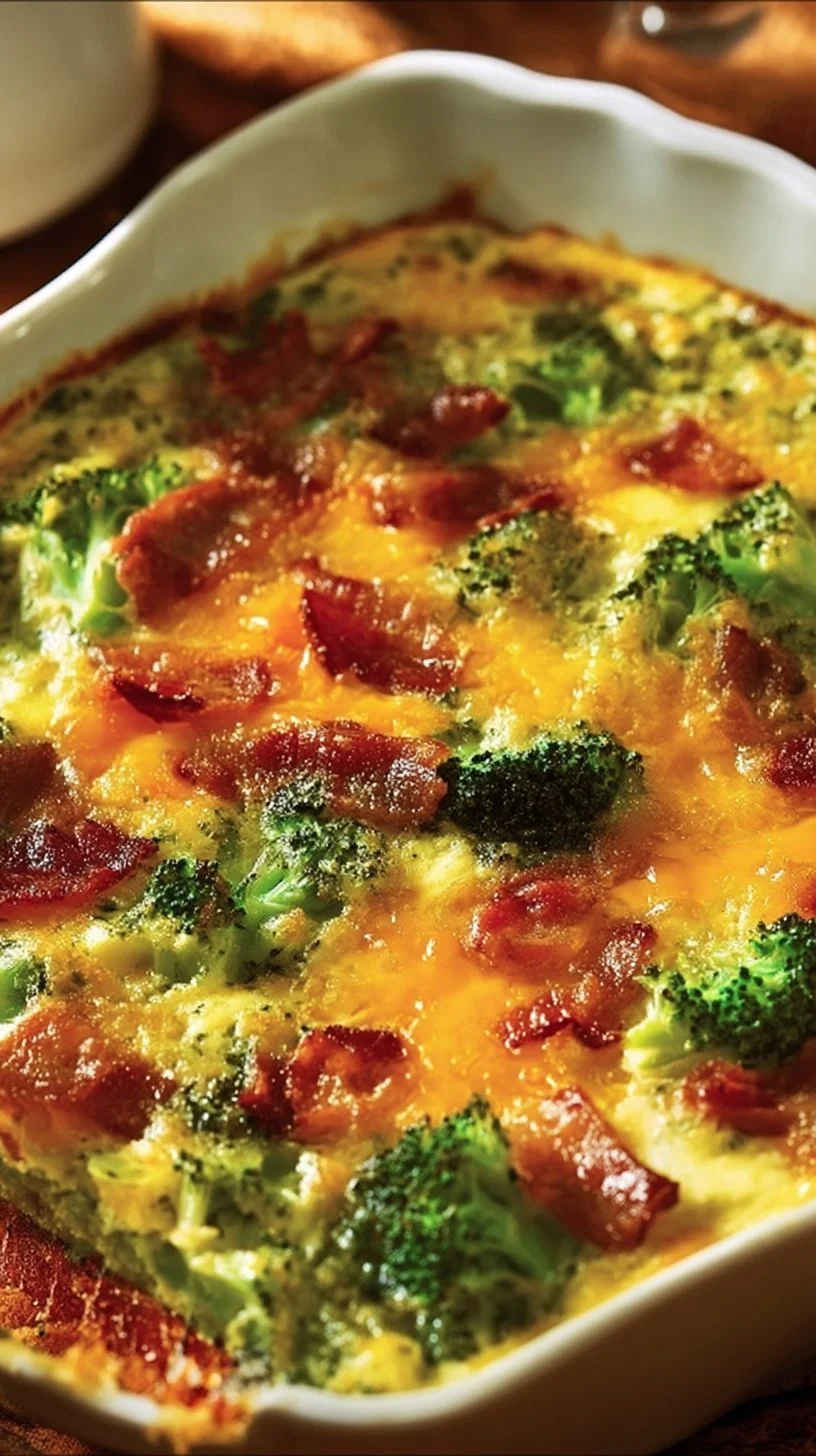 Broccoli cheddar egg bake with turkey bacon served in a baking dish