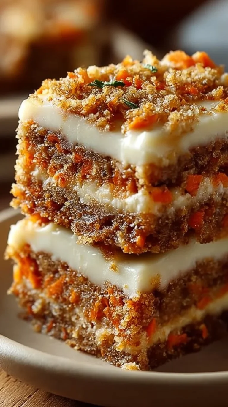 Delicious Carrot Cake Cream Cheese Bars topped with cream cheese frosting.