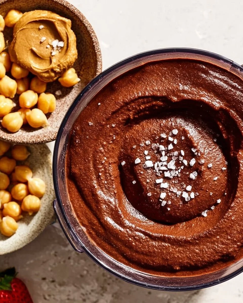 Bowl of chocolate hummus with fresh fruit and crackers for dipping