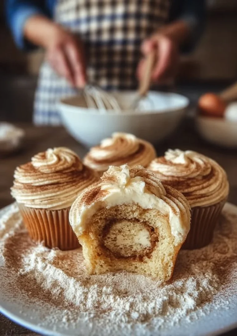 Delicious cinnamon roll cupcakes topped with creamy frosting.