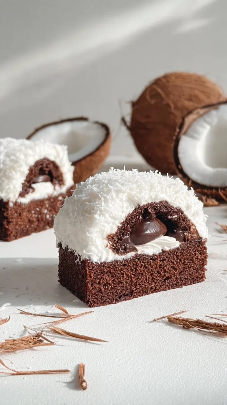 Coconut Dome topped with creamy chocolate spread, a delicious dessert.