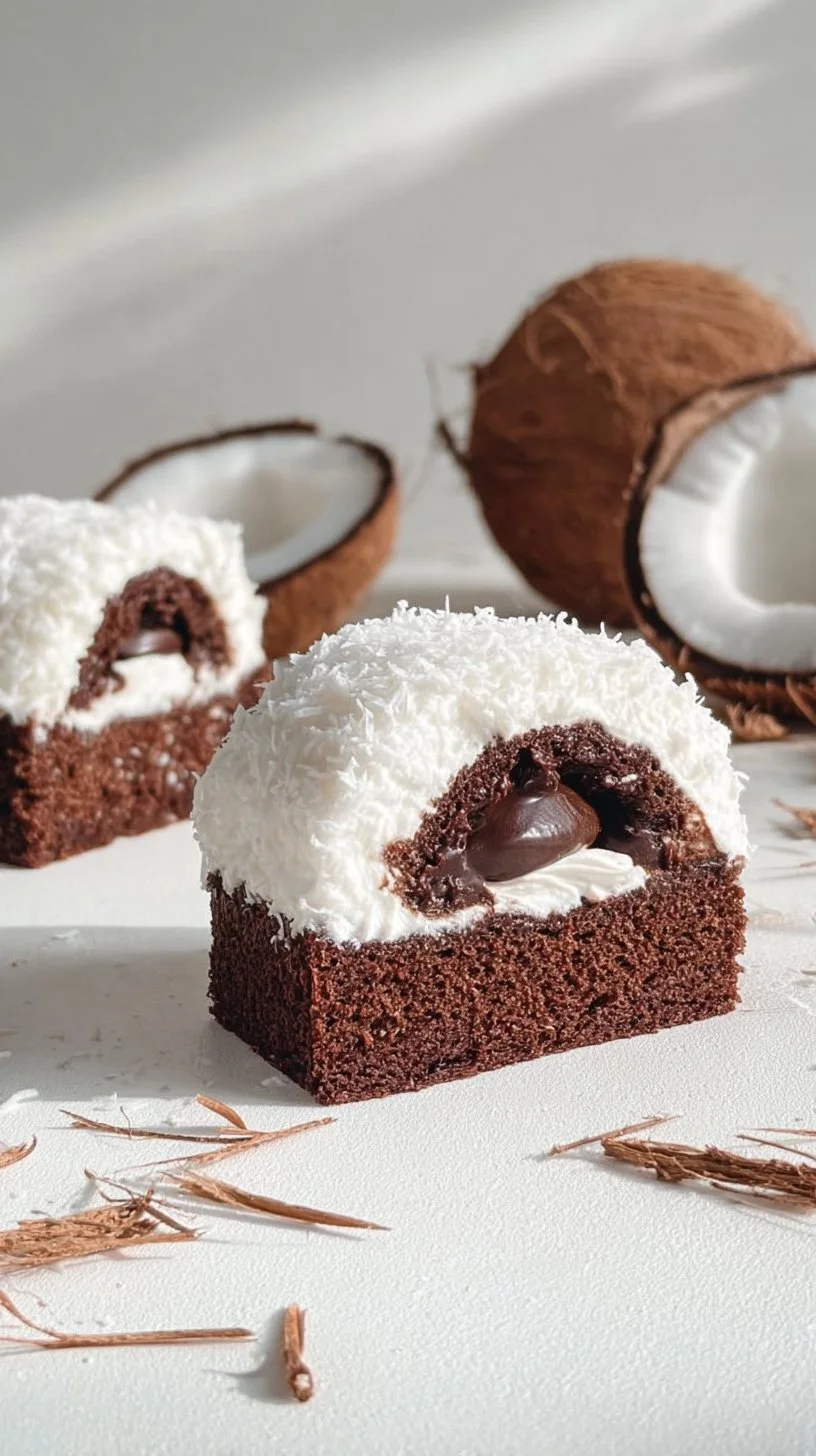 Coconut Dome topped with creamy chocolate spread, a delicious dessert.