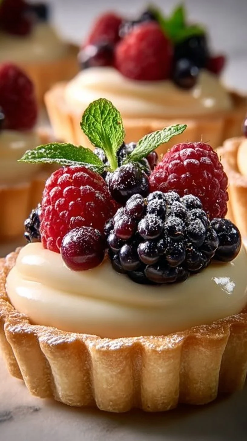 Elegant white chocolate mousse tartlets served on a decorative plate.