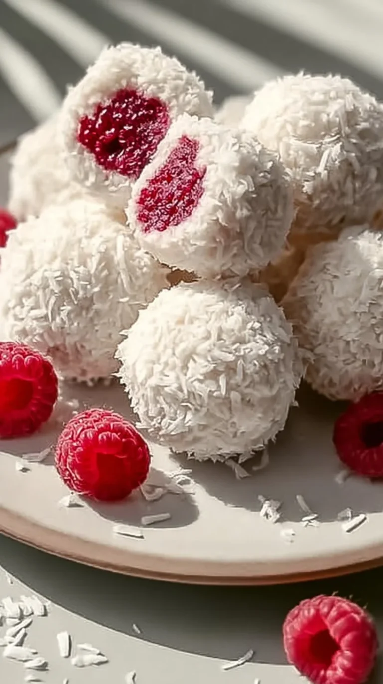 Decadent raspberry coconut balls, perfect for a sweet and delicious snack or dessert.