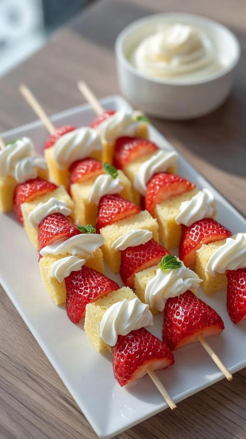 Delicious strawberry shortcake kabobs with fresh strawberries and cake