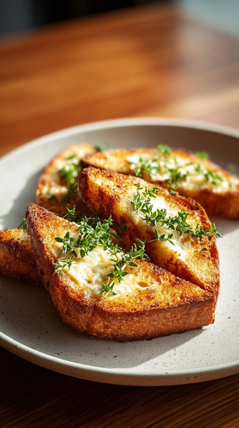 Delicious egg and cheese toasts topped with fresh herbs on a rustic plate.