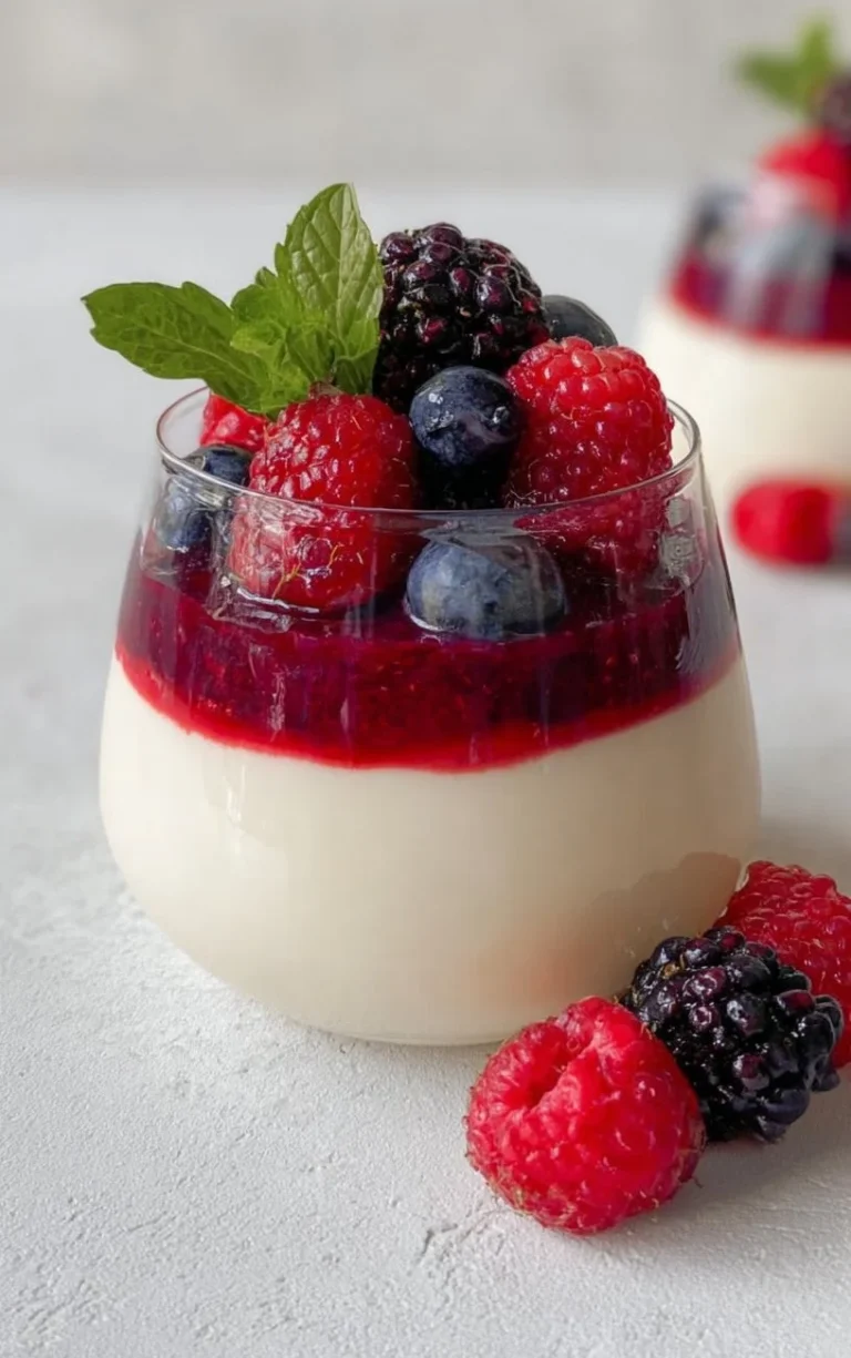 Elegant vanilla panna cotta with summer berry compote served on a plate
