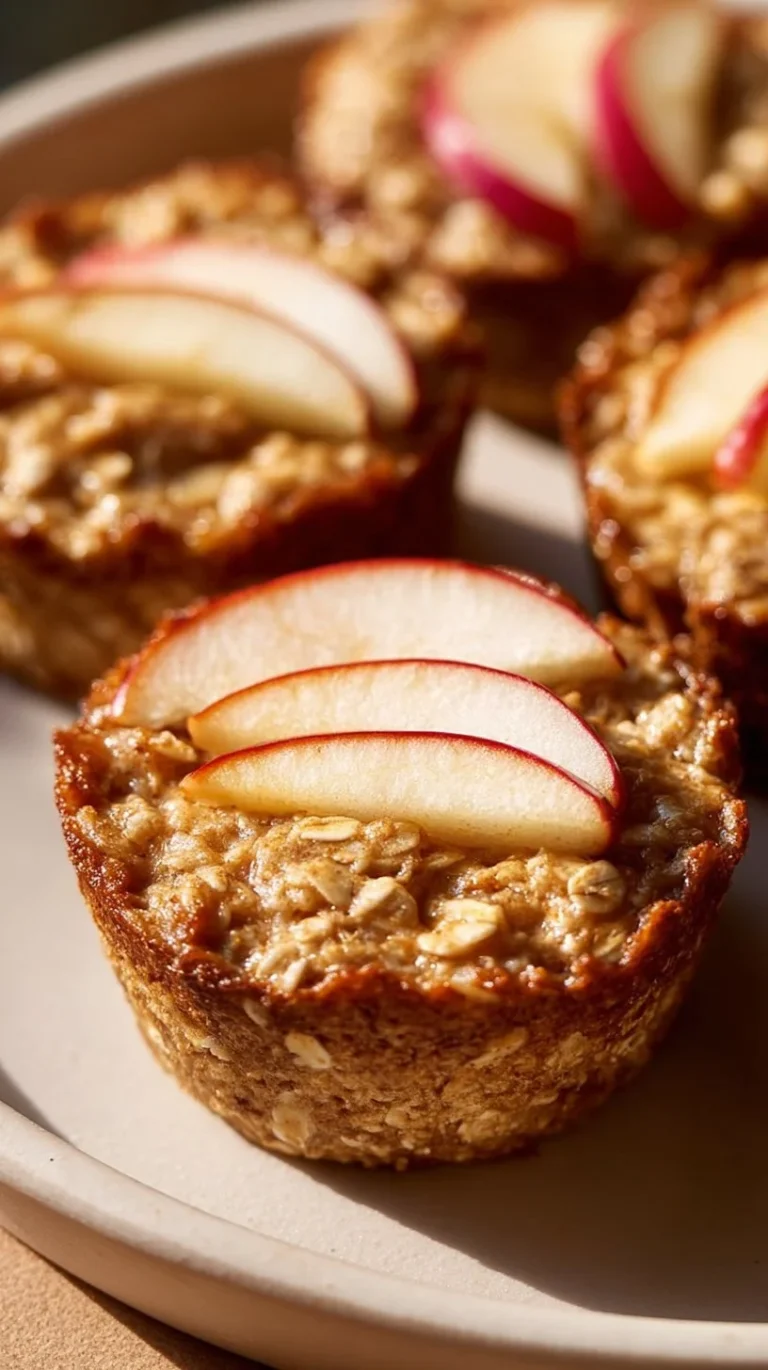 Fluffy baked apple cinnamon oatmeal cups served in a rustic bowl.