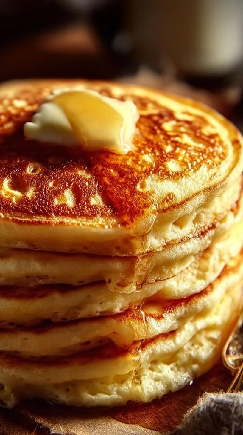 Fluffy flourless pancakes stacked with syrup and berries