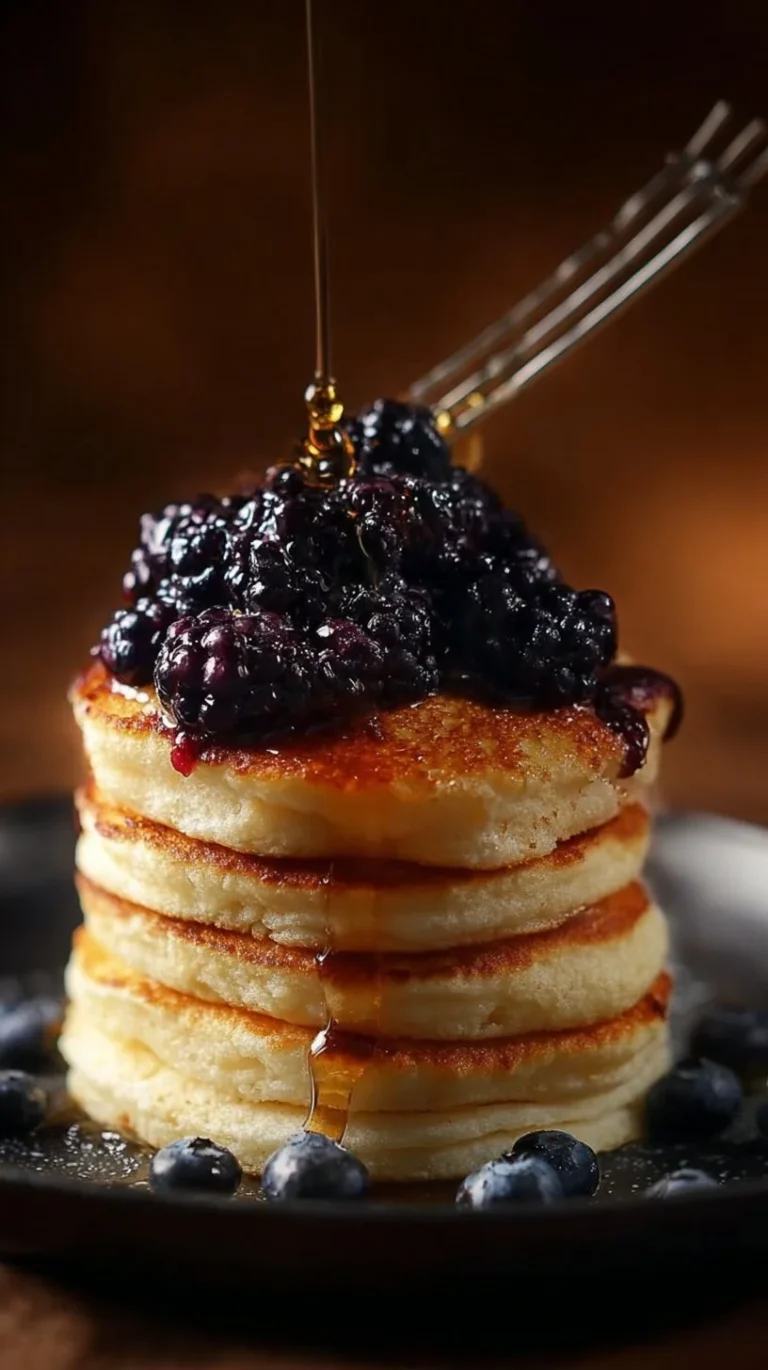 Fluffy Japanese soufflé pancakes stacked on a plate with syrup and fresh fruit.