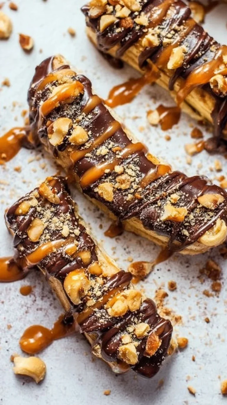 Frozen banana Snickers dessert topped with chocolate and peanuts