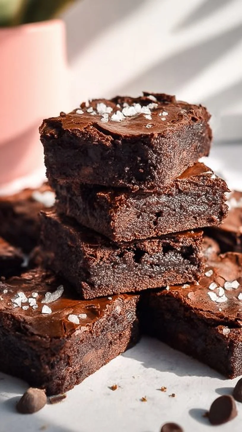 Delicious Greek Yogurt Brownies topped with chocolate chips on a wooden table.
