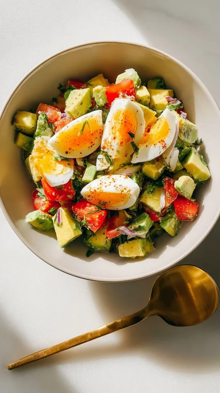 Healthy hard boiled egg and avocado bowl topped with fresh ingredients