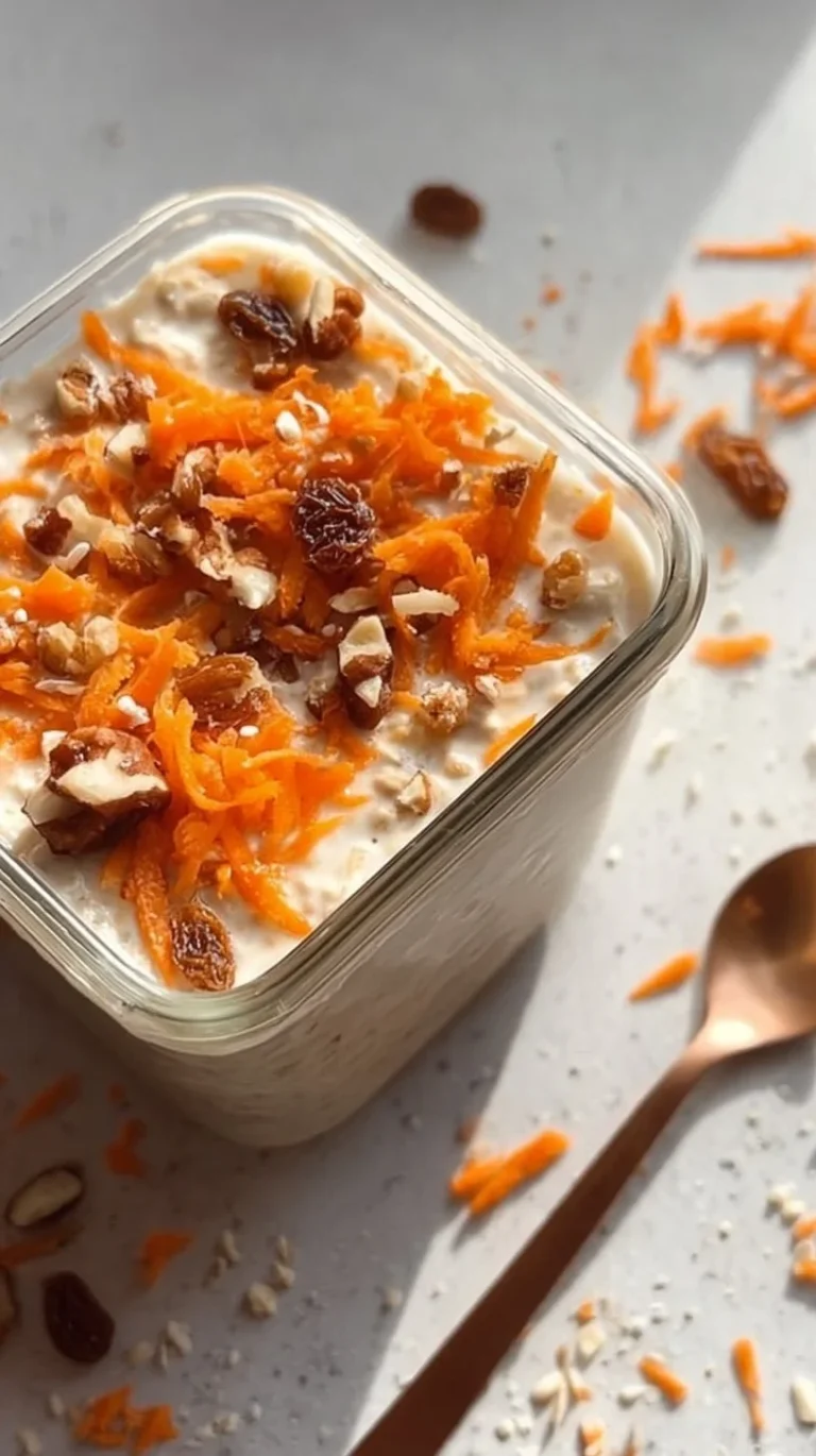 High protein carrot cake overnight oats topped with nuts and spices