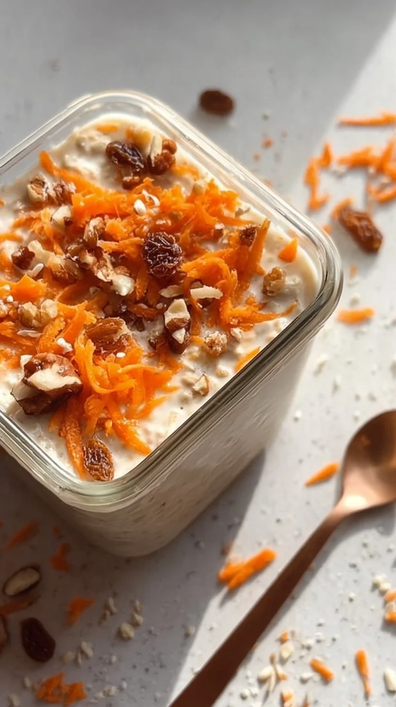 High protein carrot cake overnight oats topped with nuts and spices