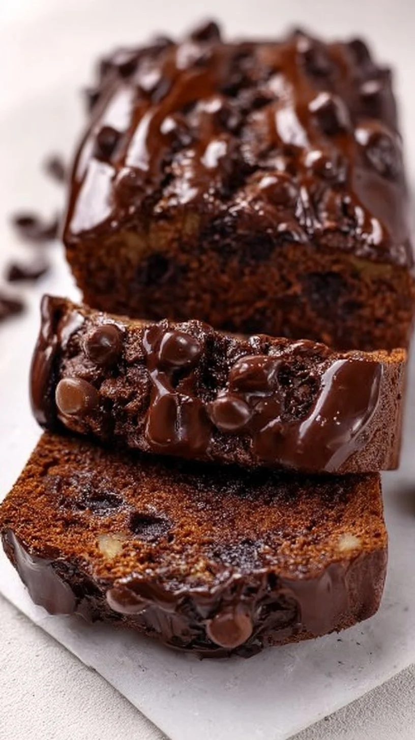 High-protein chocolate banana bread slice on a plate with a banana