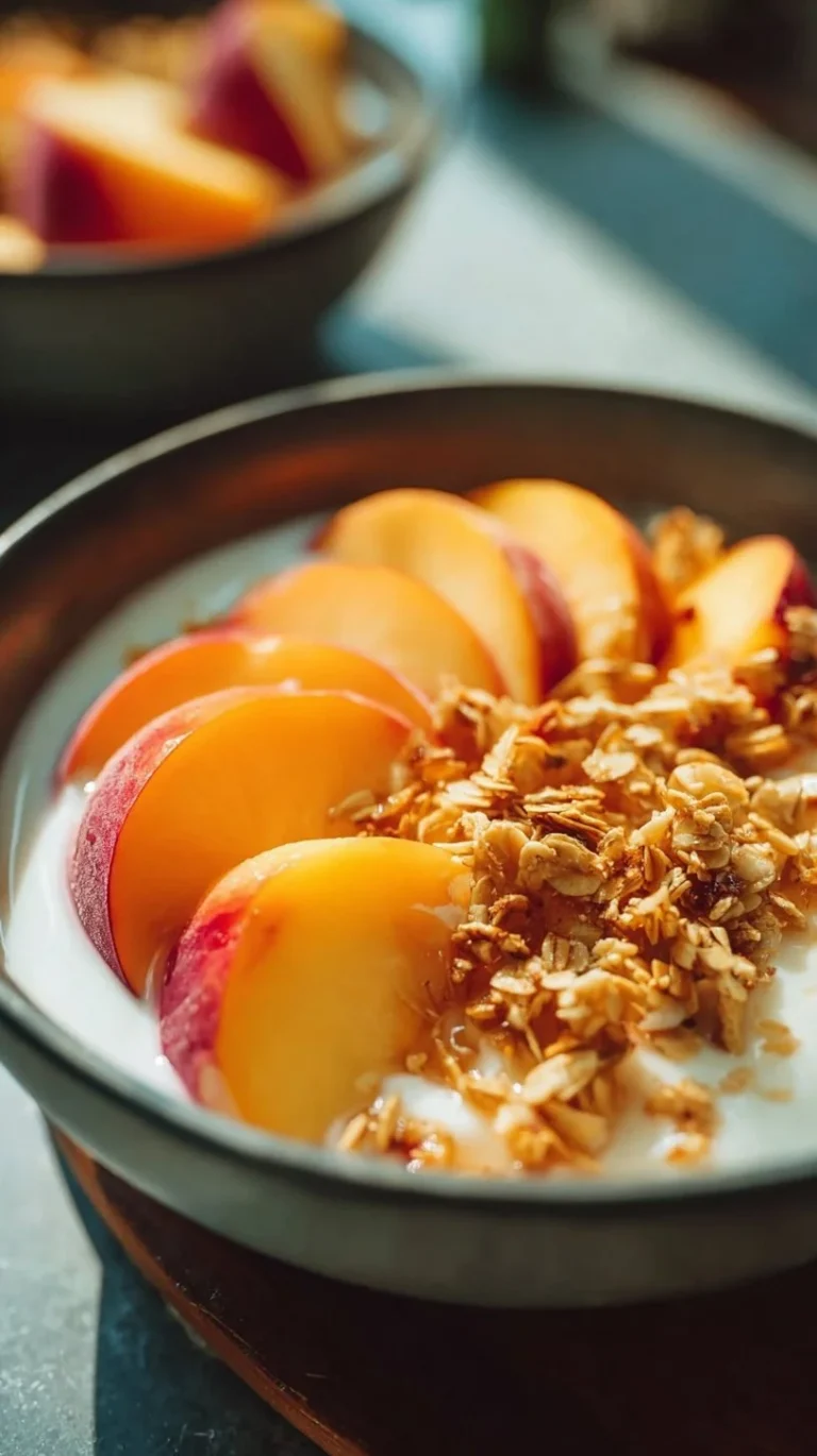 High-protein peach cobbler Greek yogurt bowl topped with fresh peaches and granola.