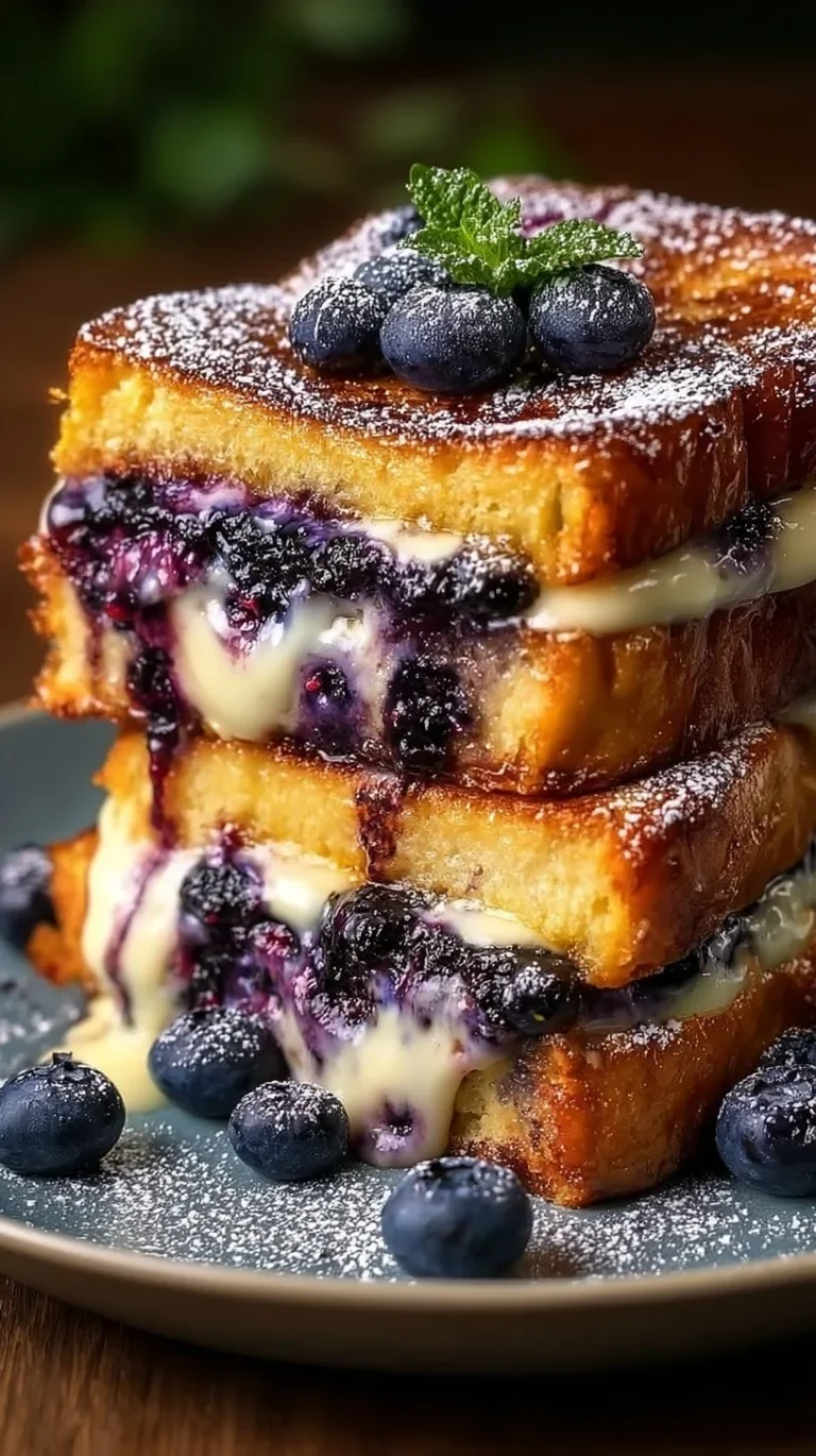 Delicious blueberry cheesecake stuffed French toast served on a plate.