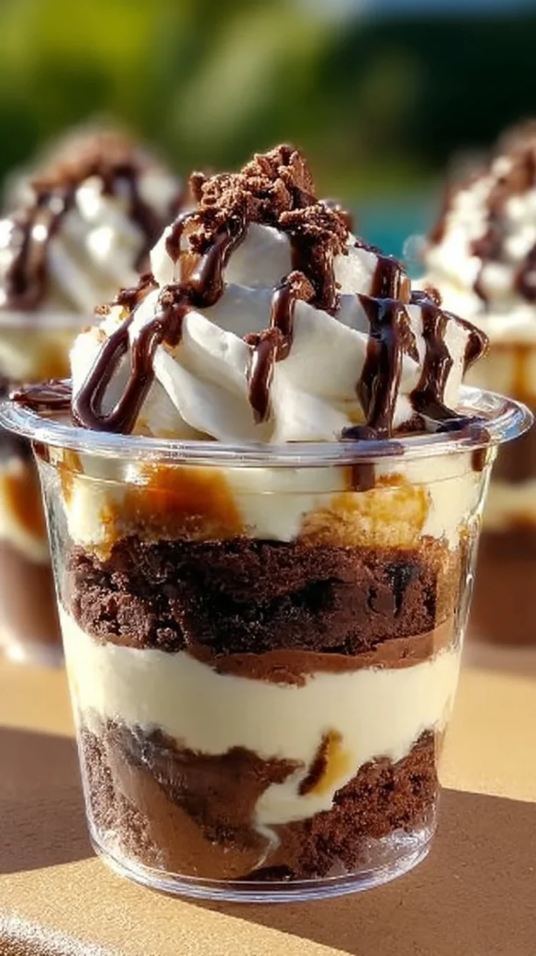 Delicious loaded brownie cheesecake cups topped with chocolate and cream