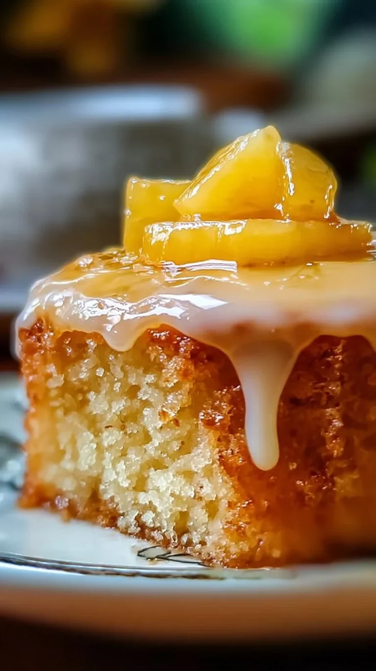 A slice of Juicy Pineapple Heaven Cake with fresh pineapple garnish on a plate