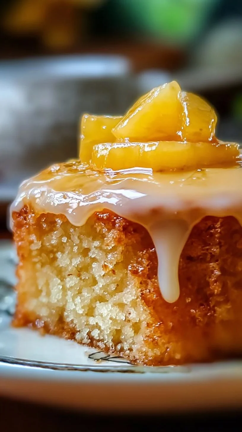 A slice of Juicy Pineapple Heaven Cake with fresh pineapple garnish on a plate