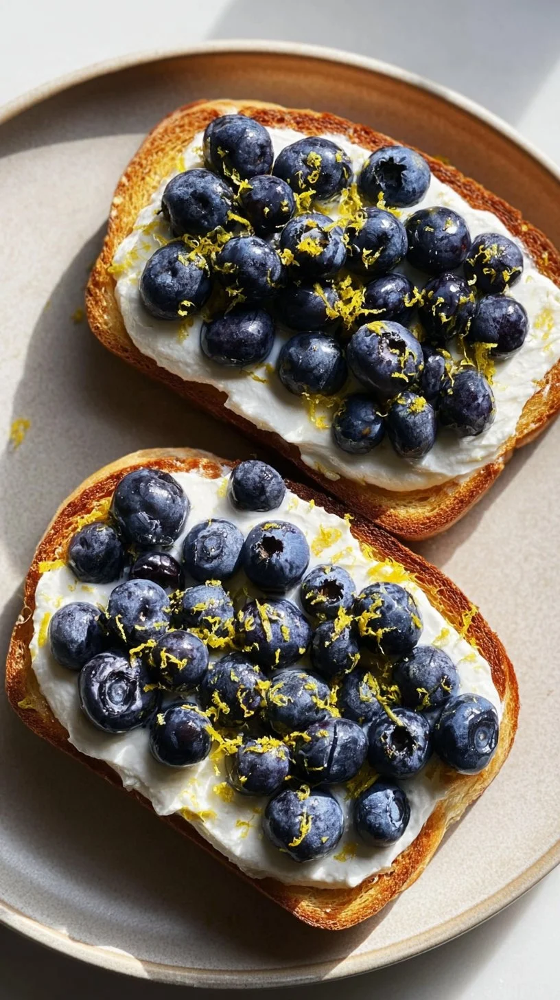 Lemon blueberry ricotta toast drizzled with honey on a plate