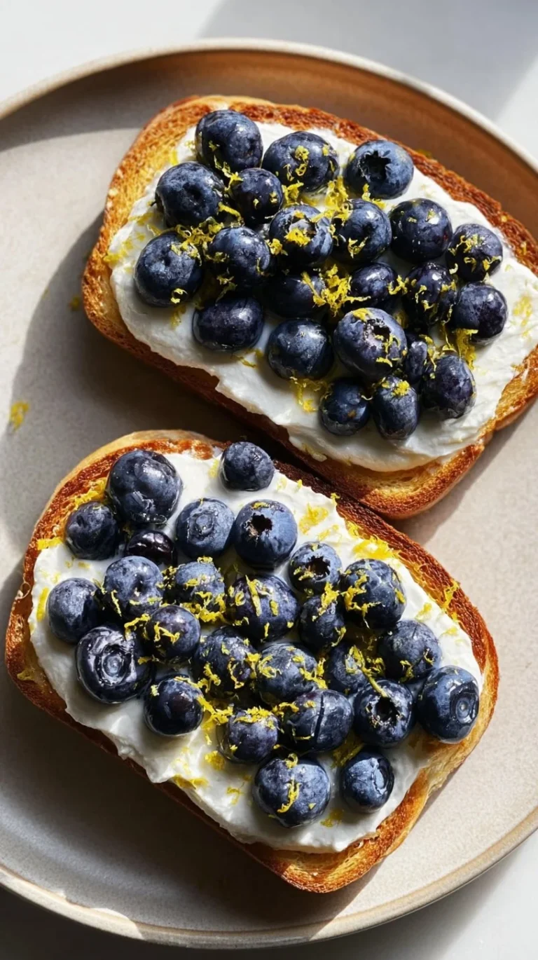 Lemon blueberry ricotta toast topped with honey and fresh blueberries