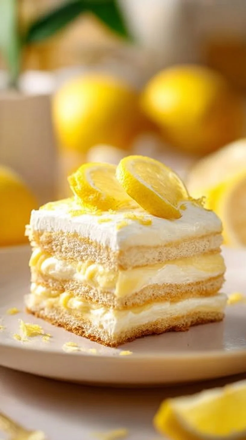Lemon tiramisu dessert topped with lemon zest and mint leaves.