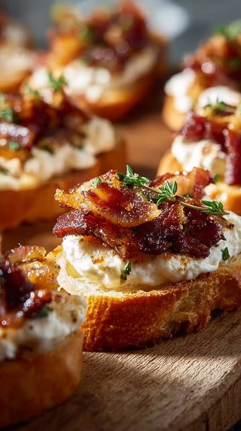 Million Dollar Bacon Crostini 1 Delicious Million Dollar Bacon Crostini topped with savory ingredients.