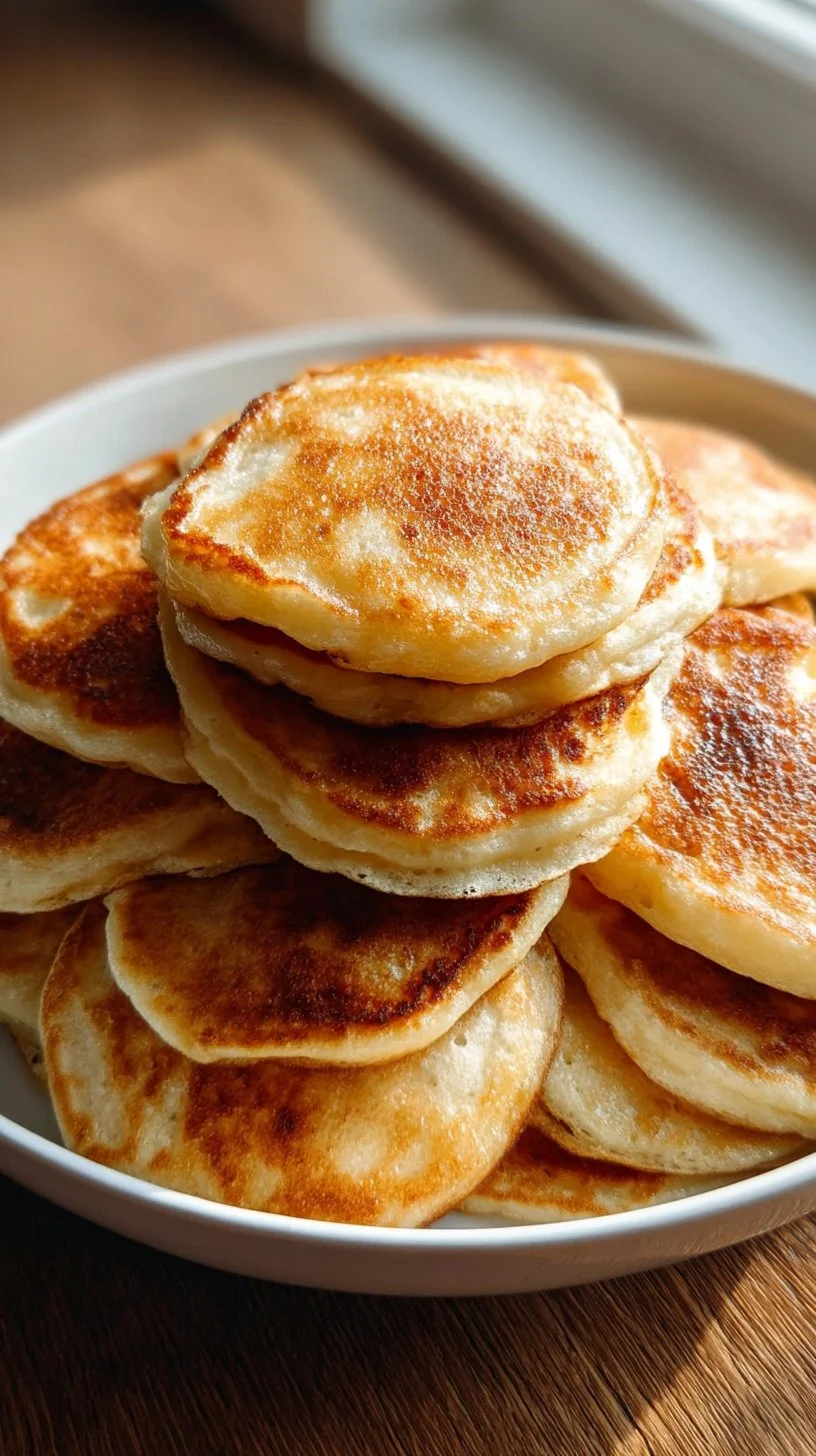 Mini banana pancake bites served on a plate with syrup and fresh bananas