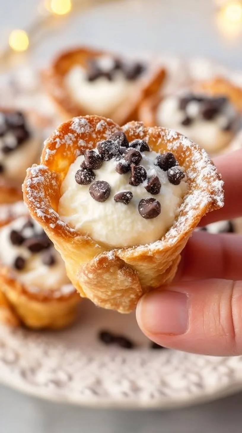 Mini cannoli cups filled with creamy ricotta and topped with chocolate chips