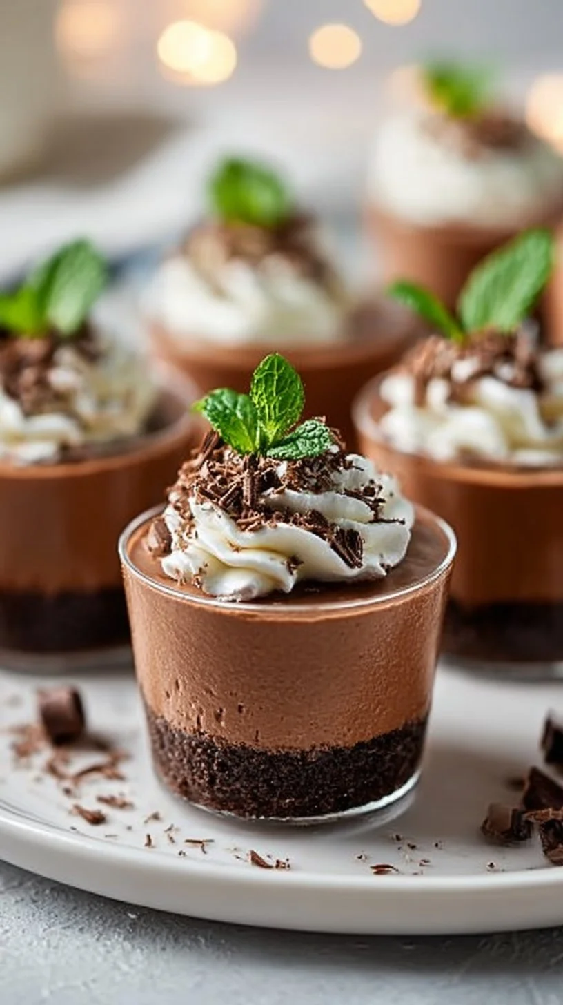 Mini chocolate mousse cups topped with whipped cream and chocolate shavings