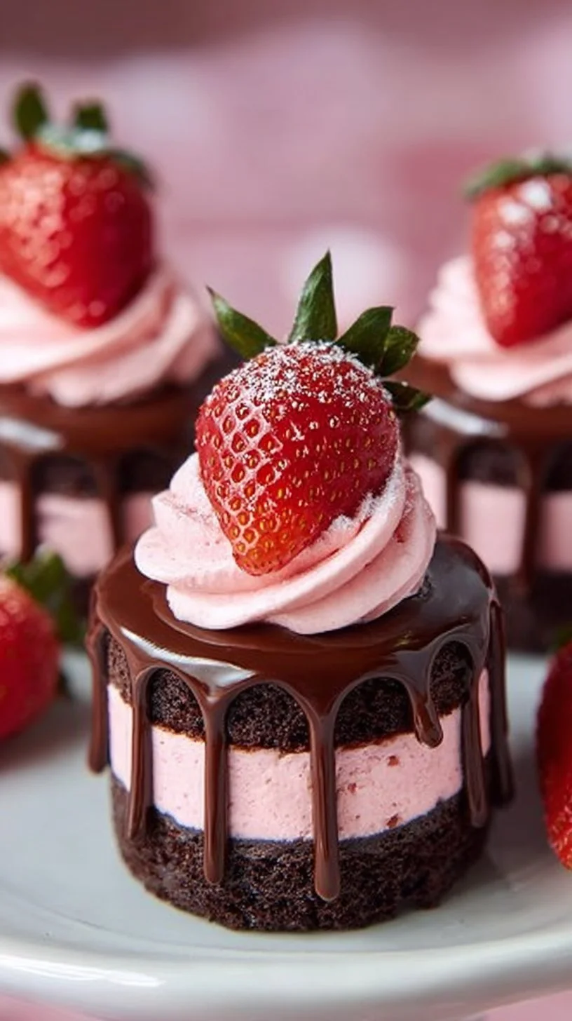 Mini strawberry chocolate cakes decorated with fresh strawberries.