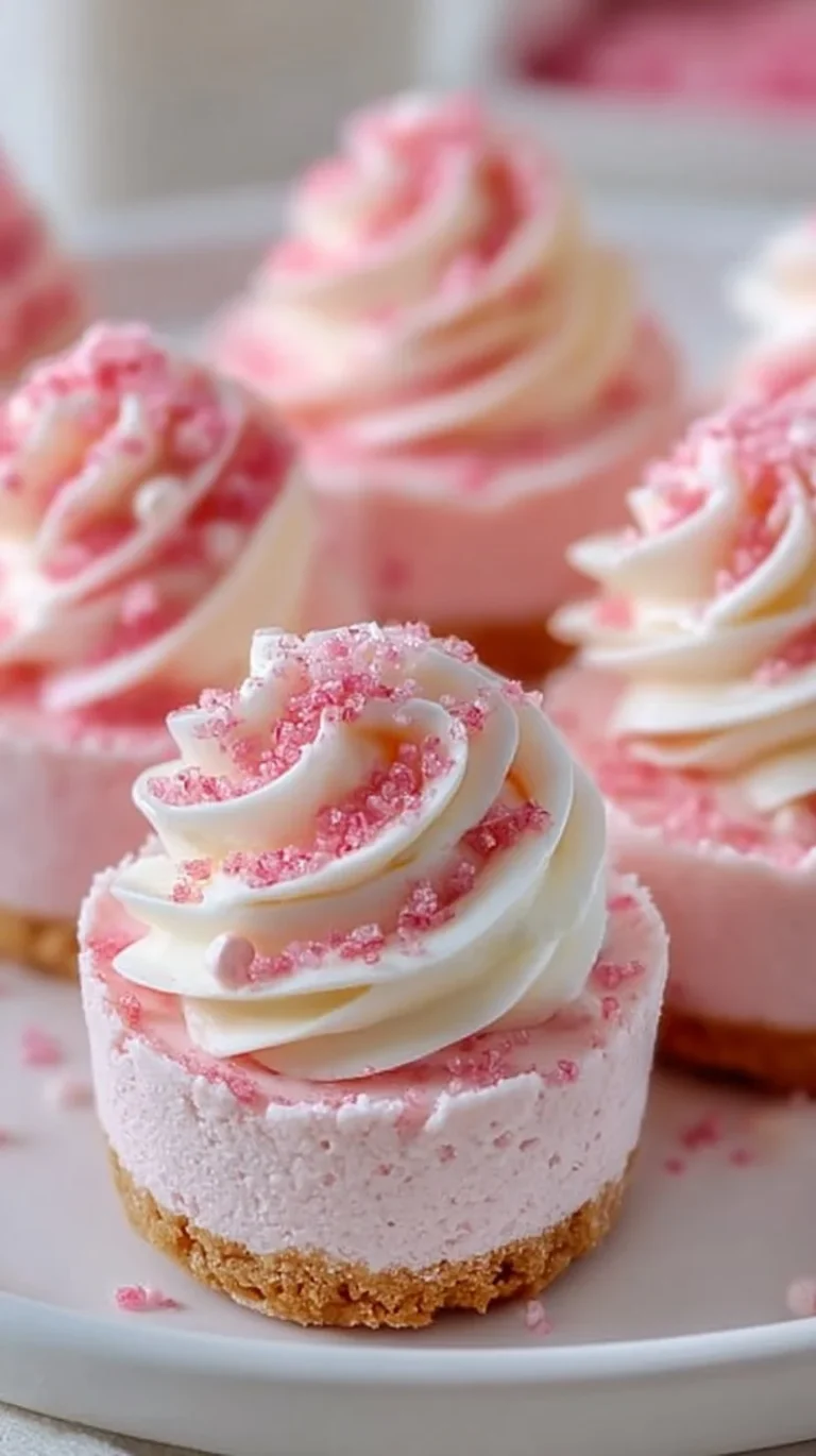 No-bake pink velvet cheesecake bites topped with cream, perfect for desserts.