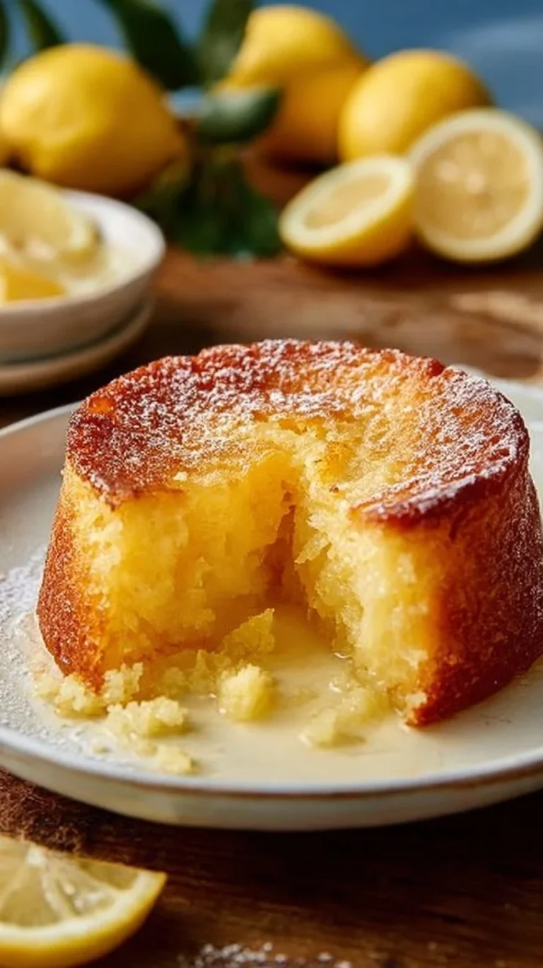 One-bowl lemon dessert with fresh lemon slices and whipped cream on top