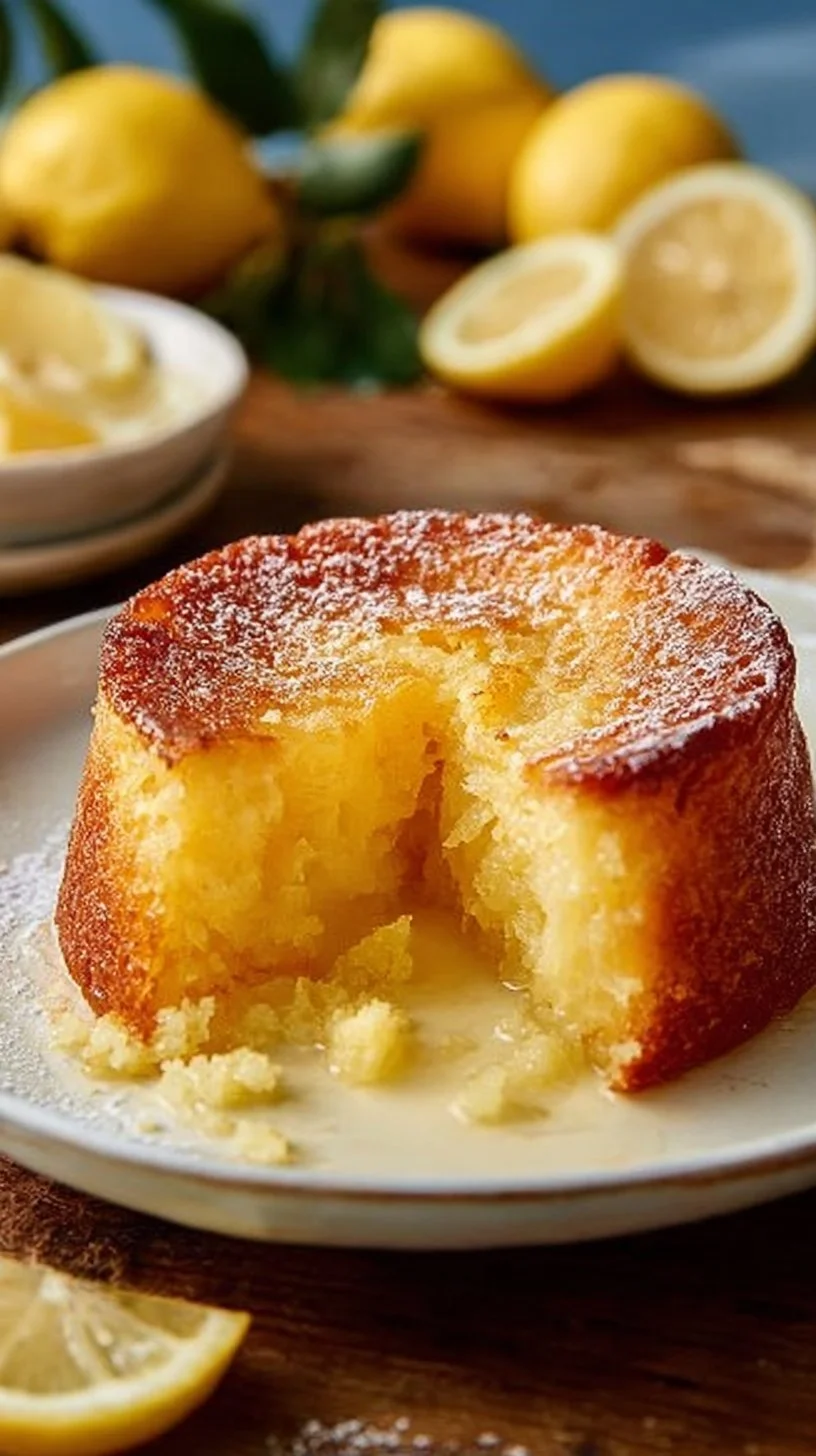 One-bowl lemon dessert with fresh lemon slices and whipped cream on top