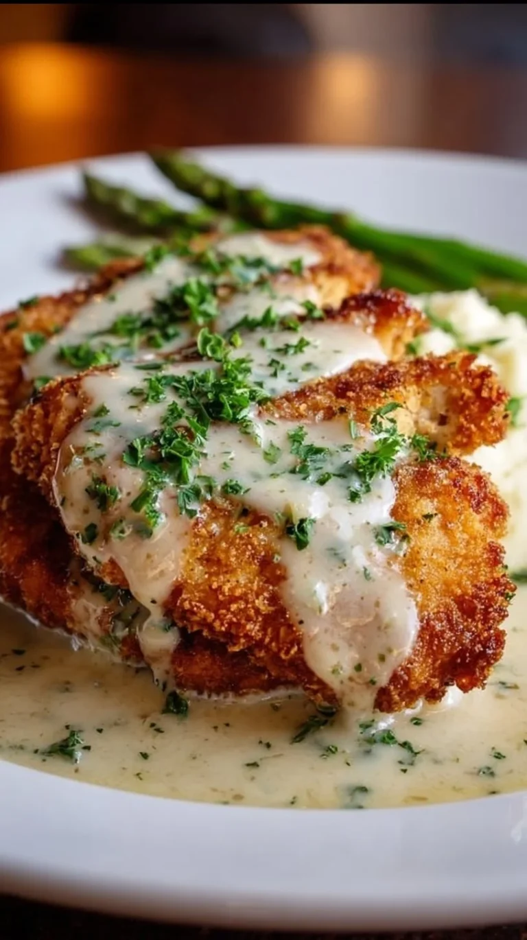 Parmesan crusted chicken drizzled with creamy garlic sauce on a plate