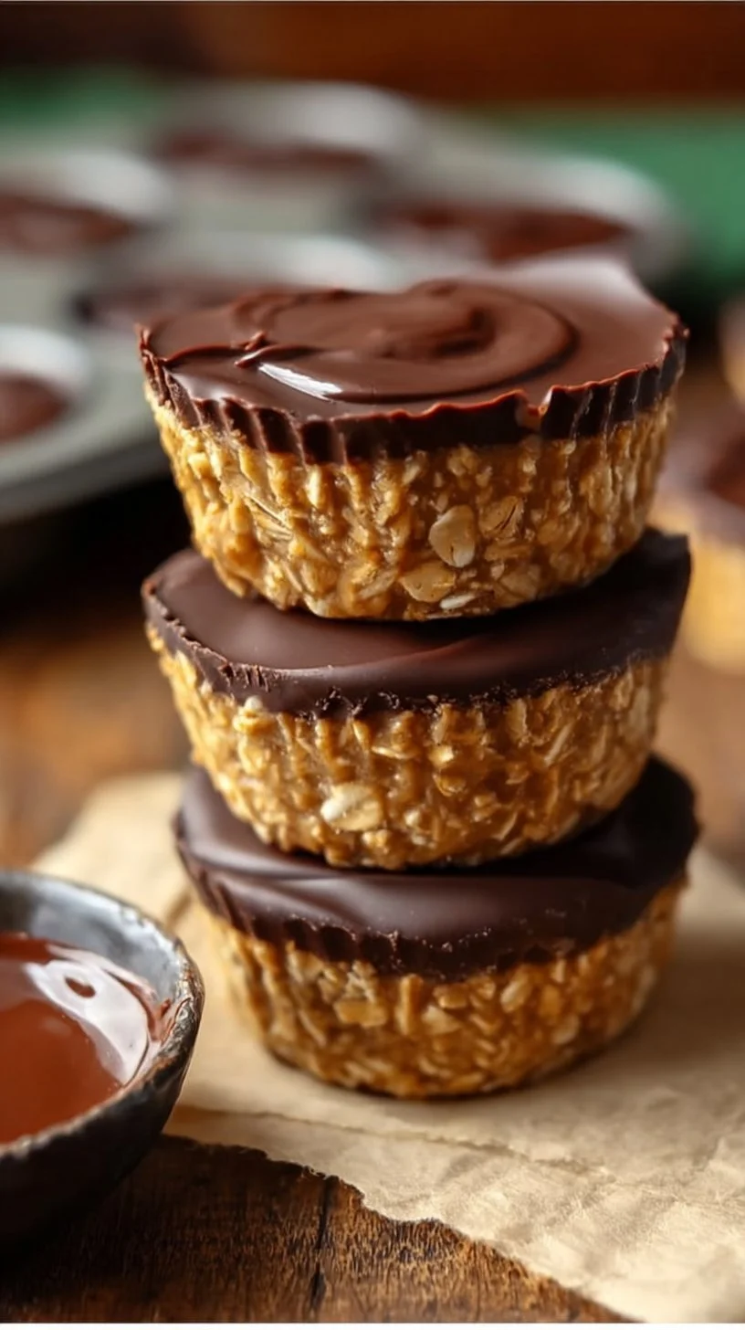 Delicious peanut butter oat cups on a wooden table