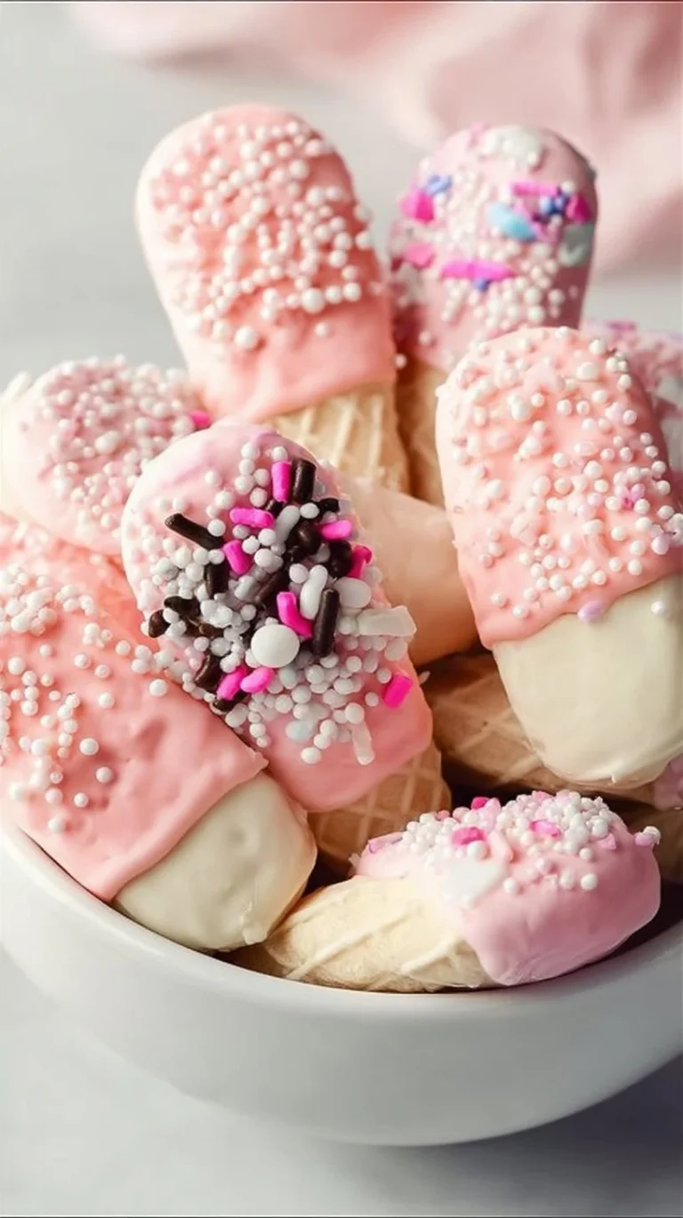 Plate of pink chocolate-dipped wafers ready to enjoy