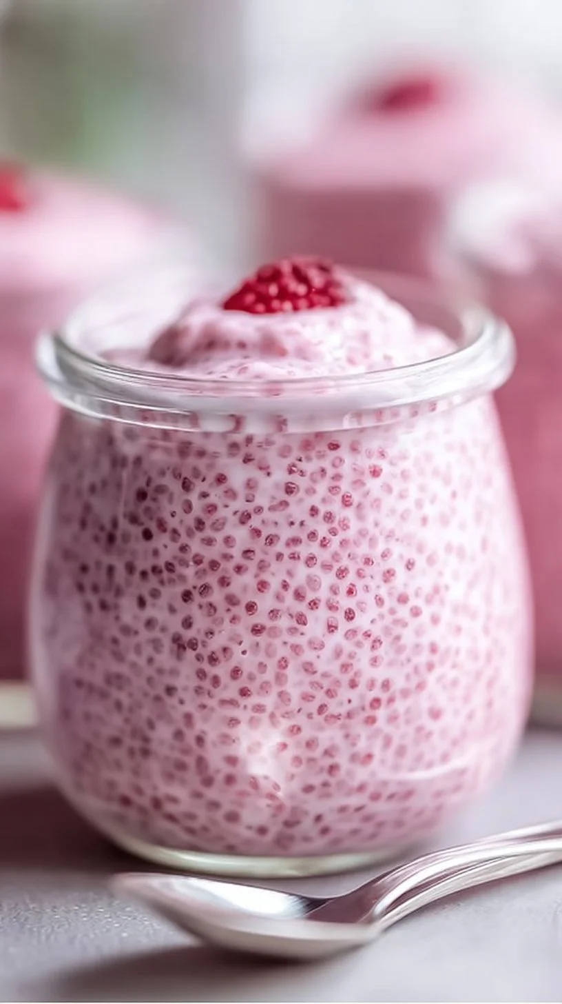 Delicious raspberry chia pudding topped with fresh raspberries and maple syrup