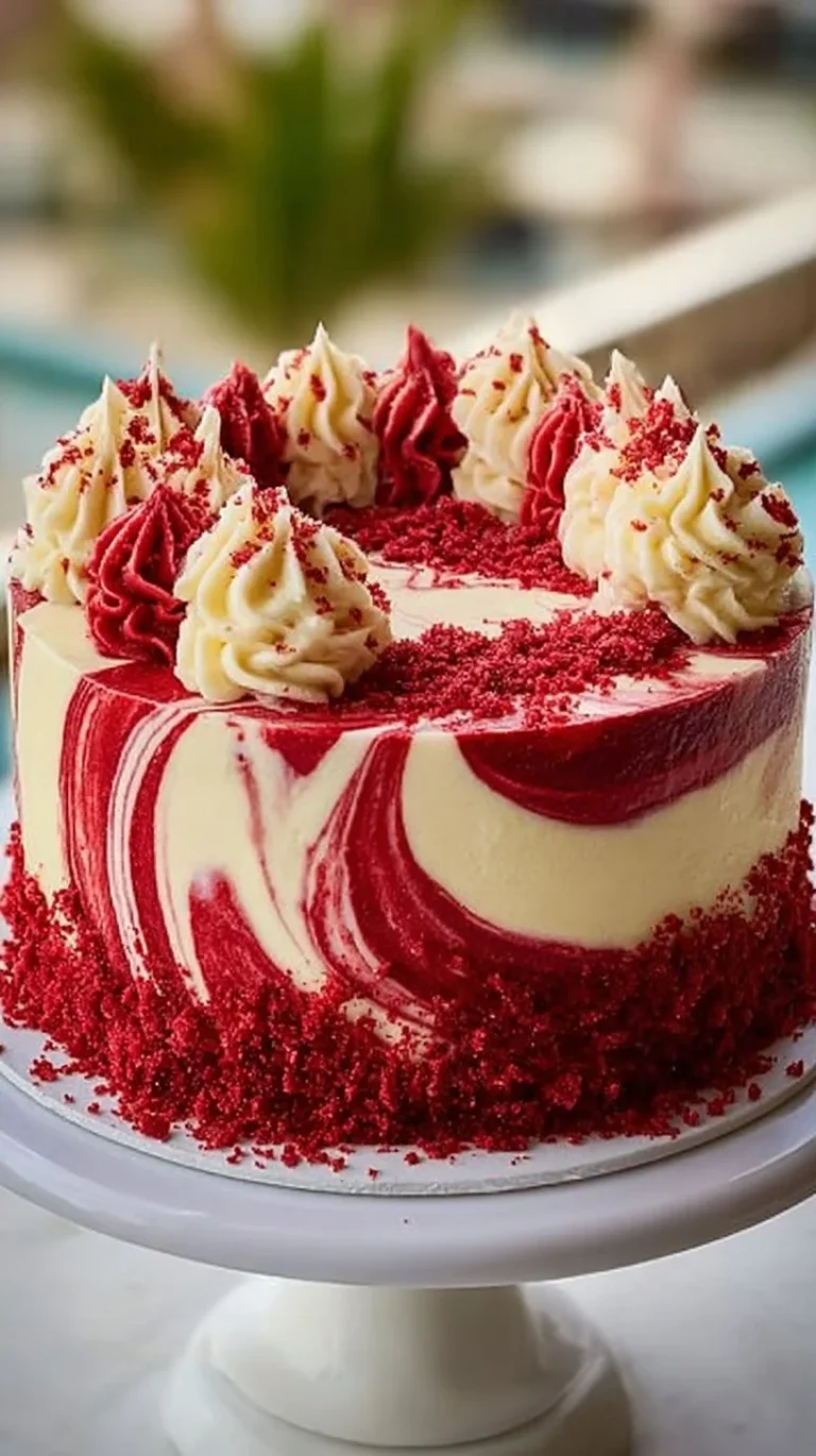 Slice of Red Velvet Cheesecake Swirl Cake with cream cheese frosting