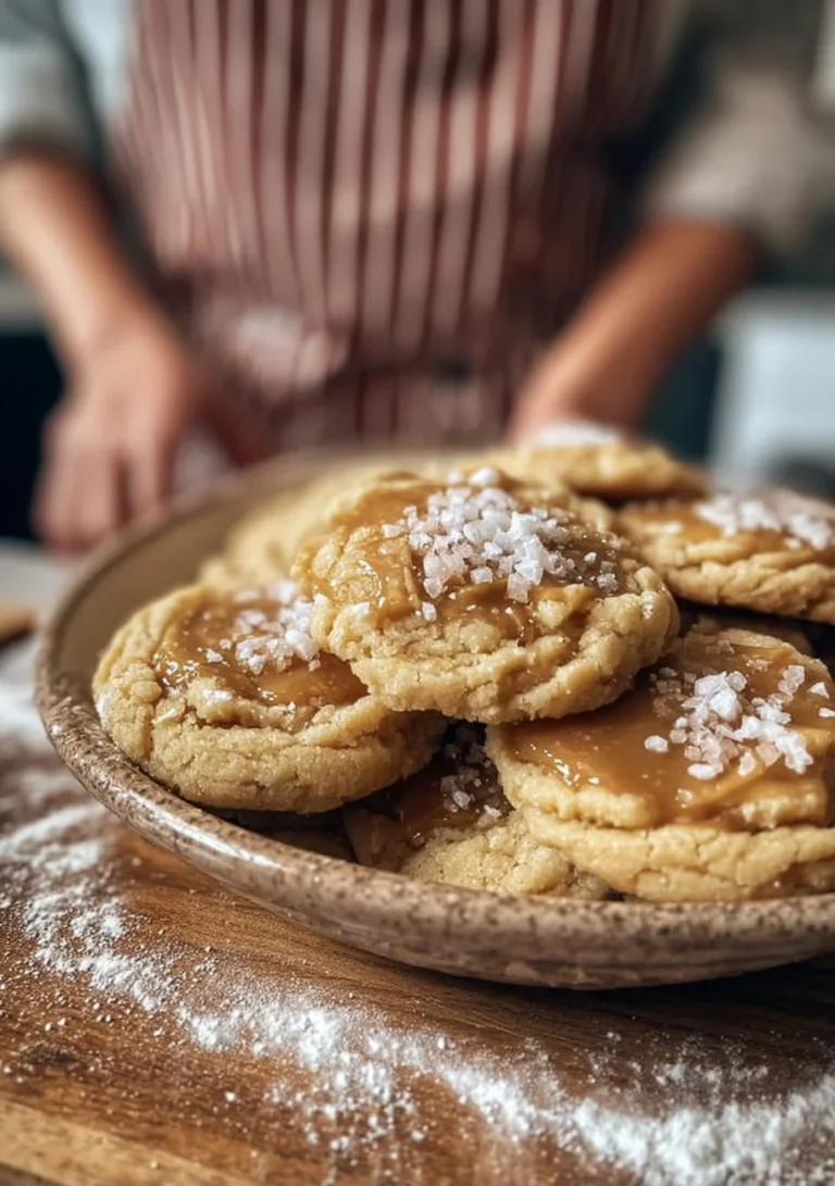 Freshly baked salted caramel cookies on a cooling rack