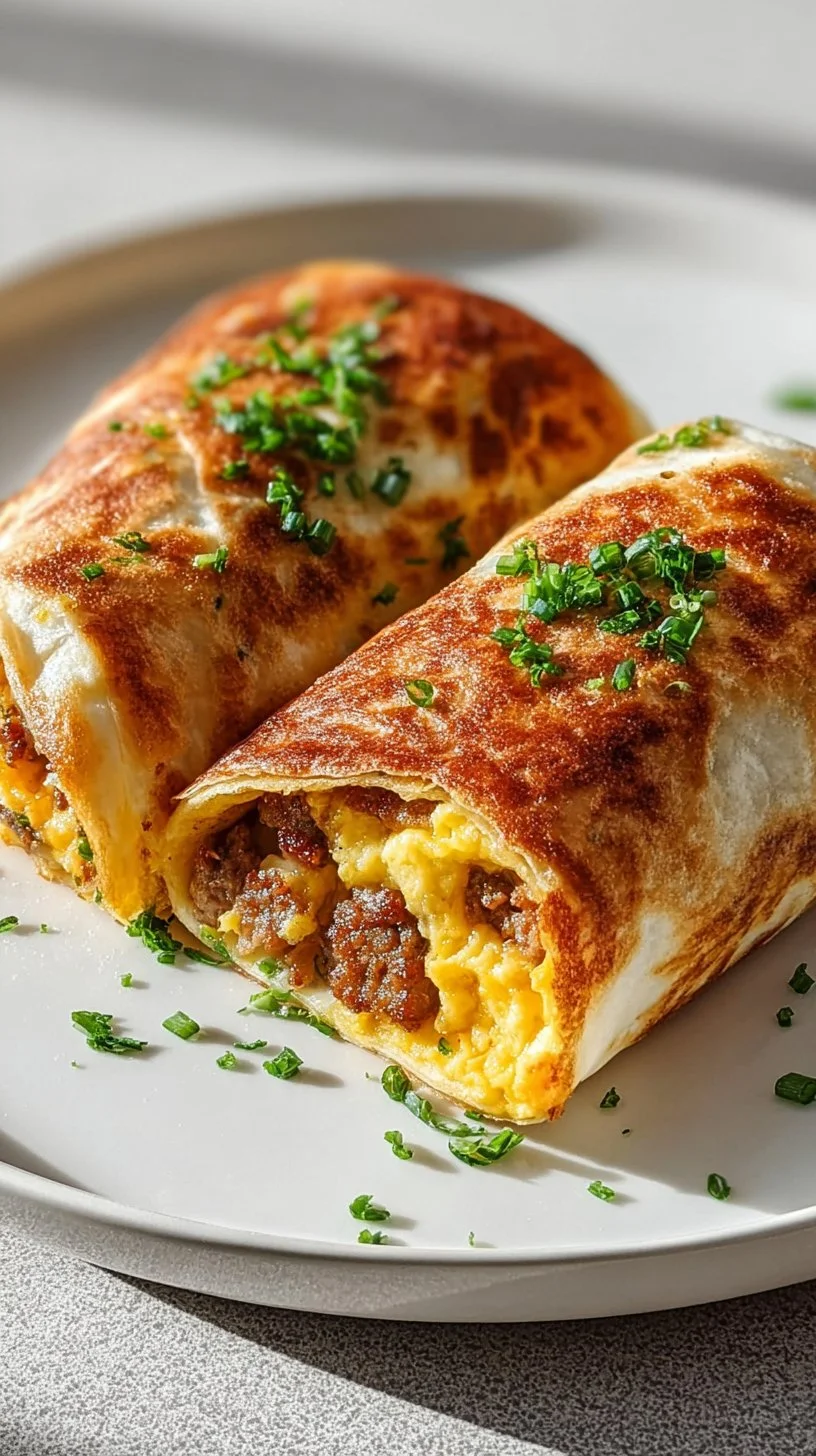Sausage egg and cheese breakfast roll-ups on a plate ready to eat.