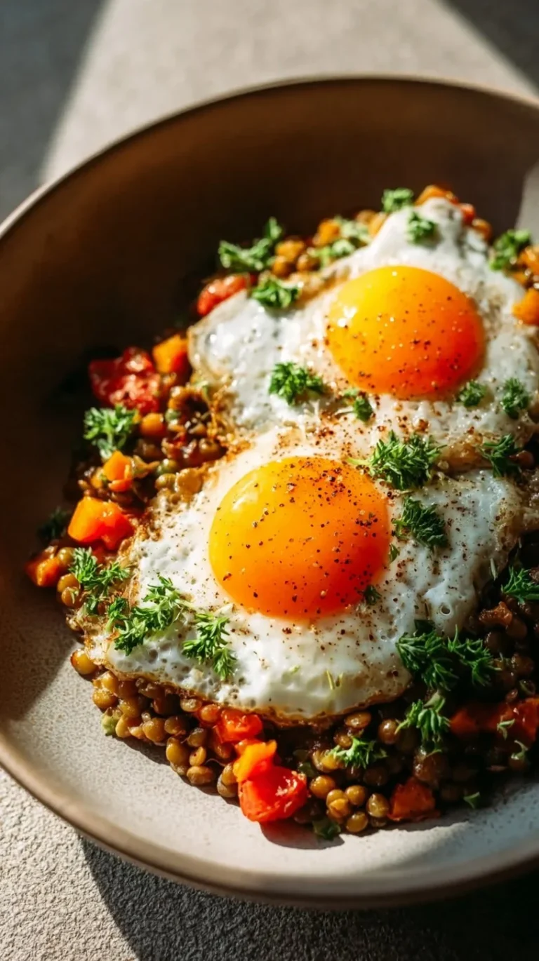 Savory lentil breakfast bowl with fresh vegetables and herbs