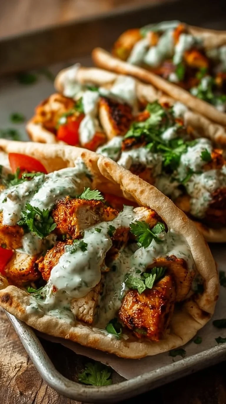 Sheet Pan Chicken Pitas topped with Herby Ranch dressing on a serving platter